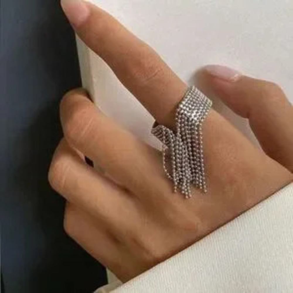 Silver Bead Tassel Ring C Adjustable Stainless Steel, Gift Ready